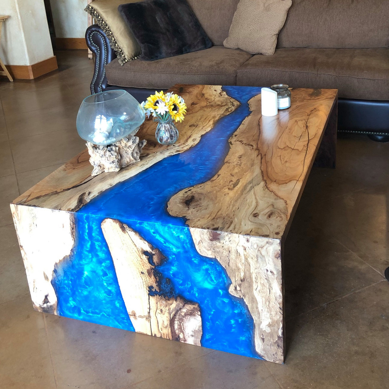 Custom Poplar Wood Blue River Waterfall Epoxy Table