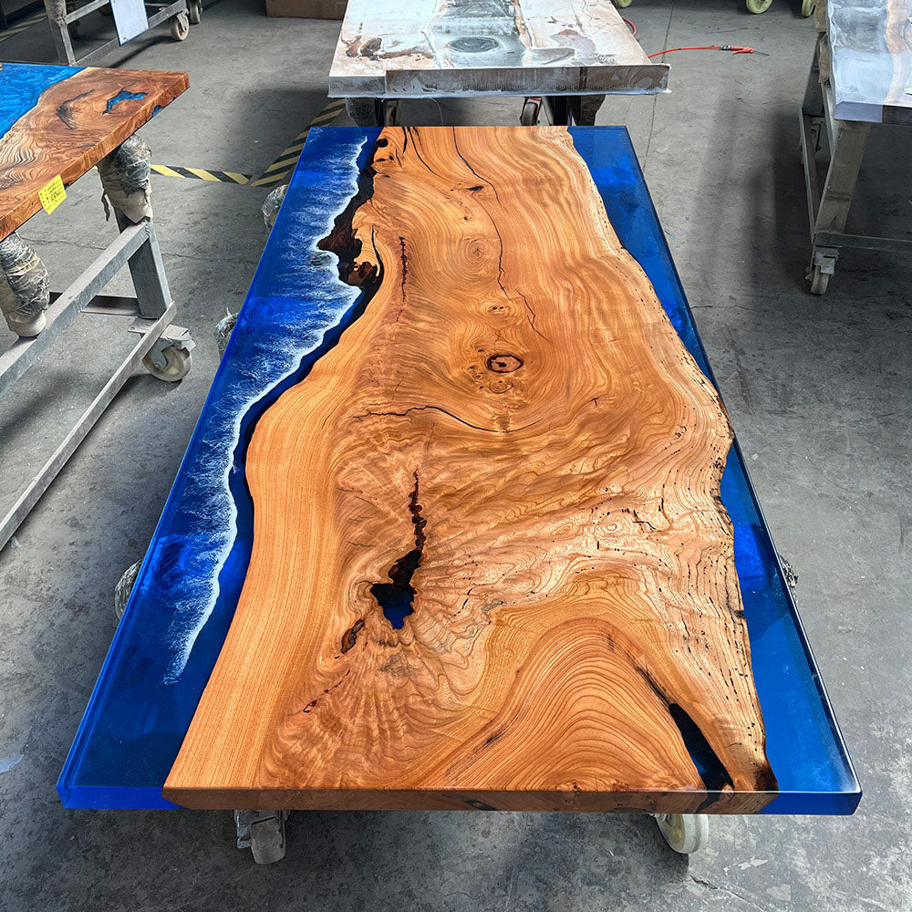 Premium Beech Wood & Deep Sea Epoxy River Table in Austin