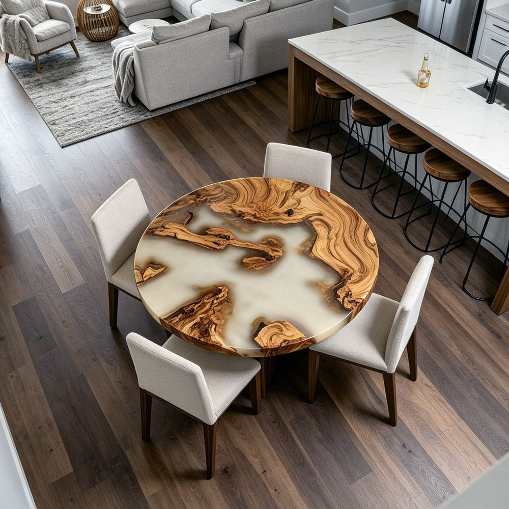 Olive Wood Milk White Coffee and Dining Epoxy Table for Sophisticated Lounge Spaces RT37 in Chicago