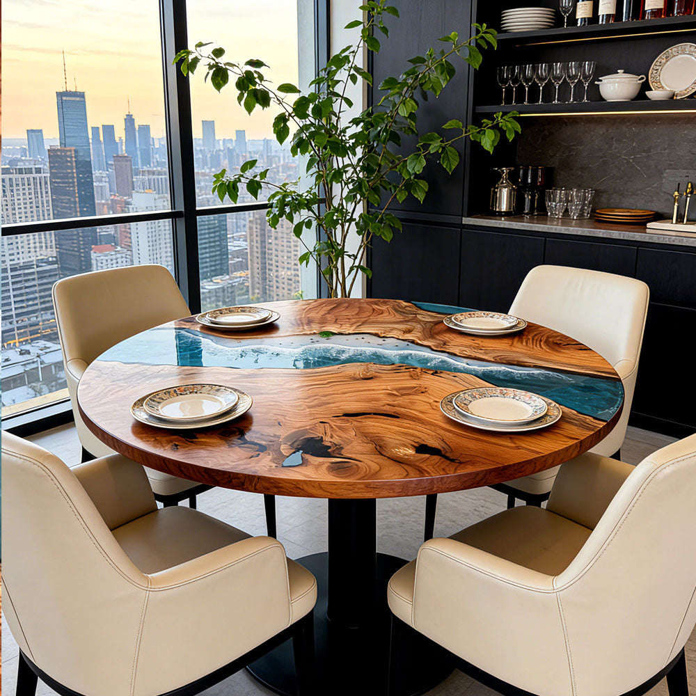 Custom Solid Beech & Seawave Blue Resin Epoxy Table in San Diego