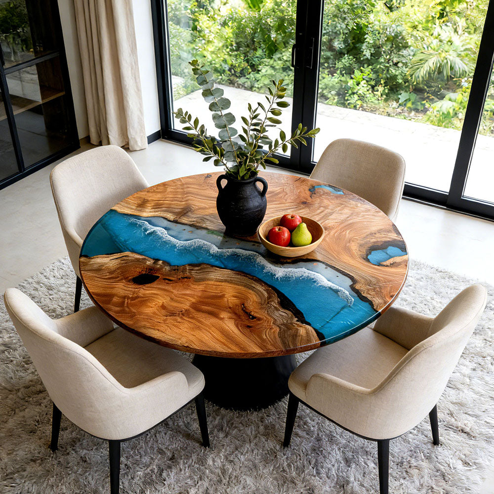 Custom Solid Beech & Seawave Blue Resin Epoxy Table in San Diego