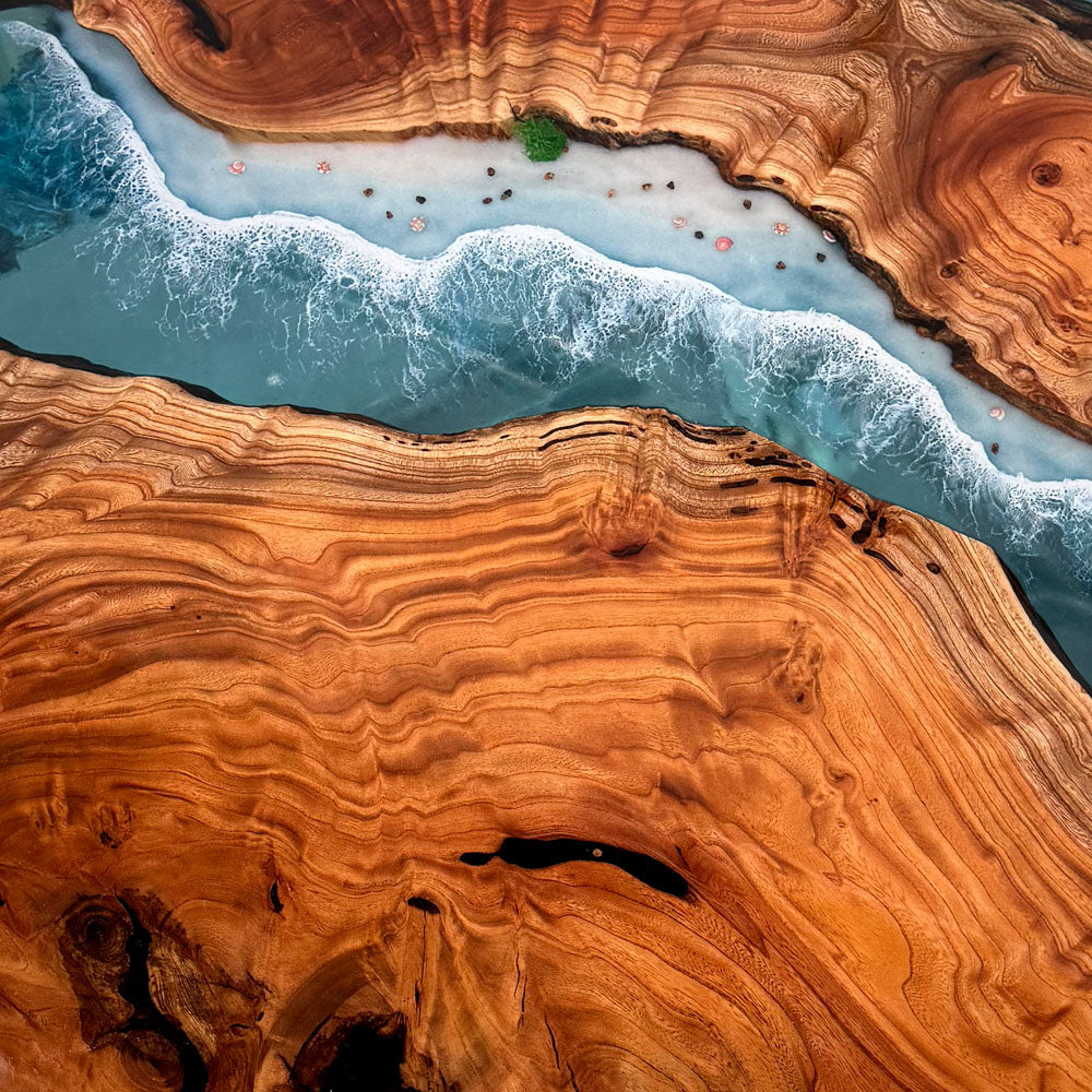 Custom Solid Beech & Seawave Blue Resin Epoxy Table in San Diego