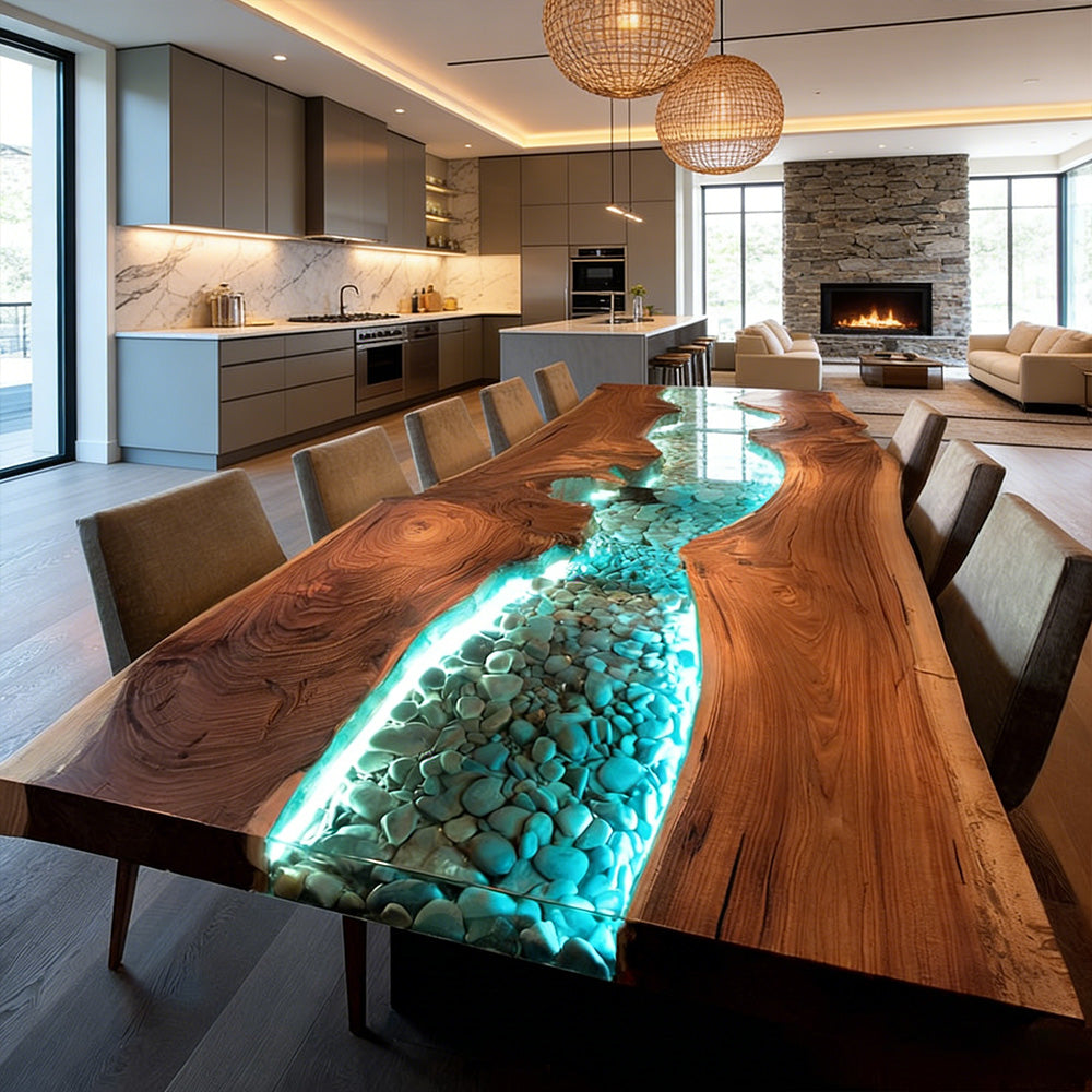Walnut River Stone Epoxy Table for High-End Decor