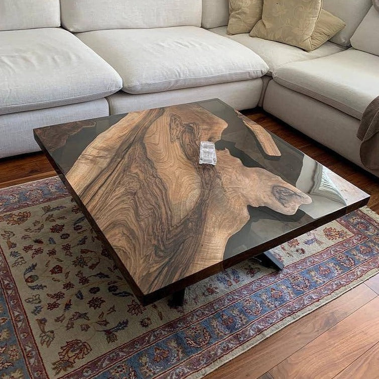 Custom Square Wood Black Translucent Resin Epoxy Table  