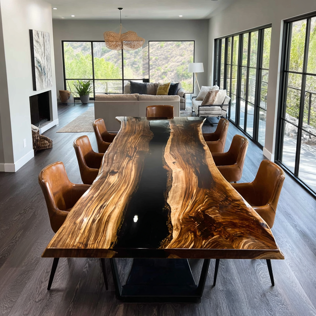 Custom Walniut Live Edge Black River Dining Resin Epoxy Table in California