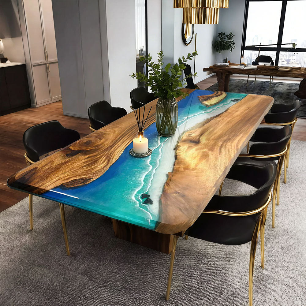 Walnut Blue Ocean Wave Resin Epoxy Table in Florida