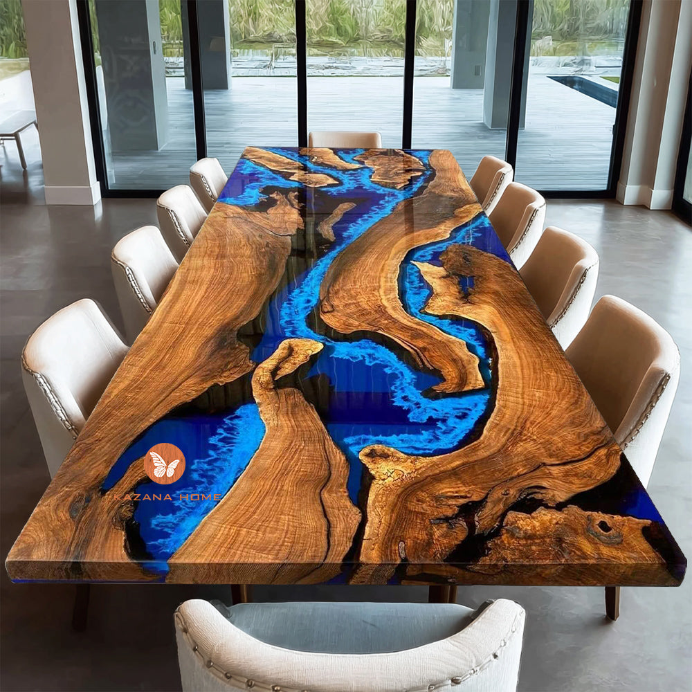 Custom Walnut Blue Wave Resin Epoxy Table in Boston