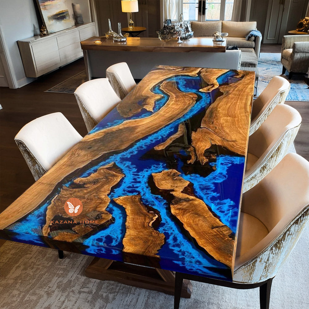 Walnut Blue Wave Resin Epoxy Table in Boston