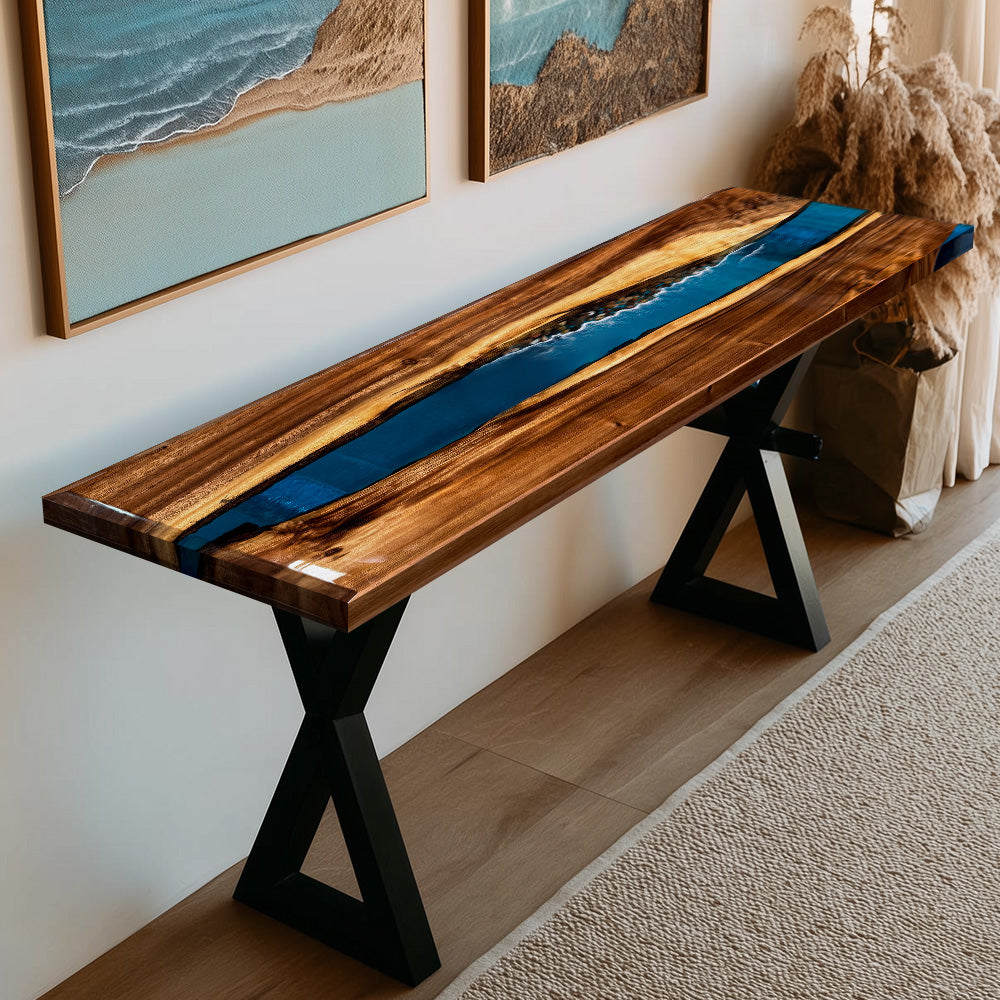 Custom Walnut & Deep Blue Transparent Resin River Epoxy Console Table