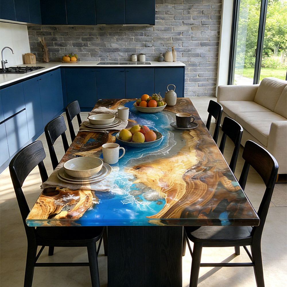 Walnut Wood Dining Wave Epoxy Table in California