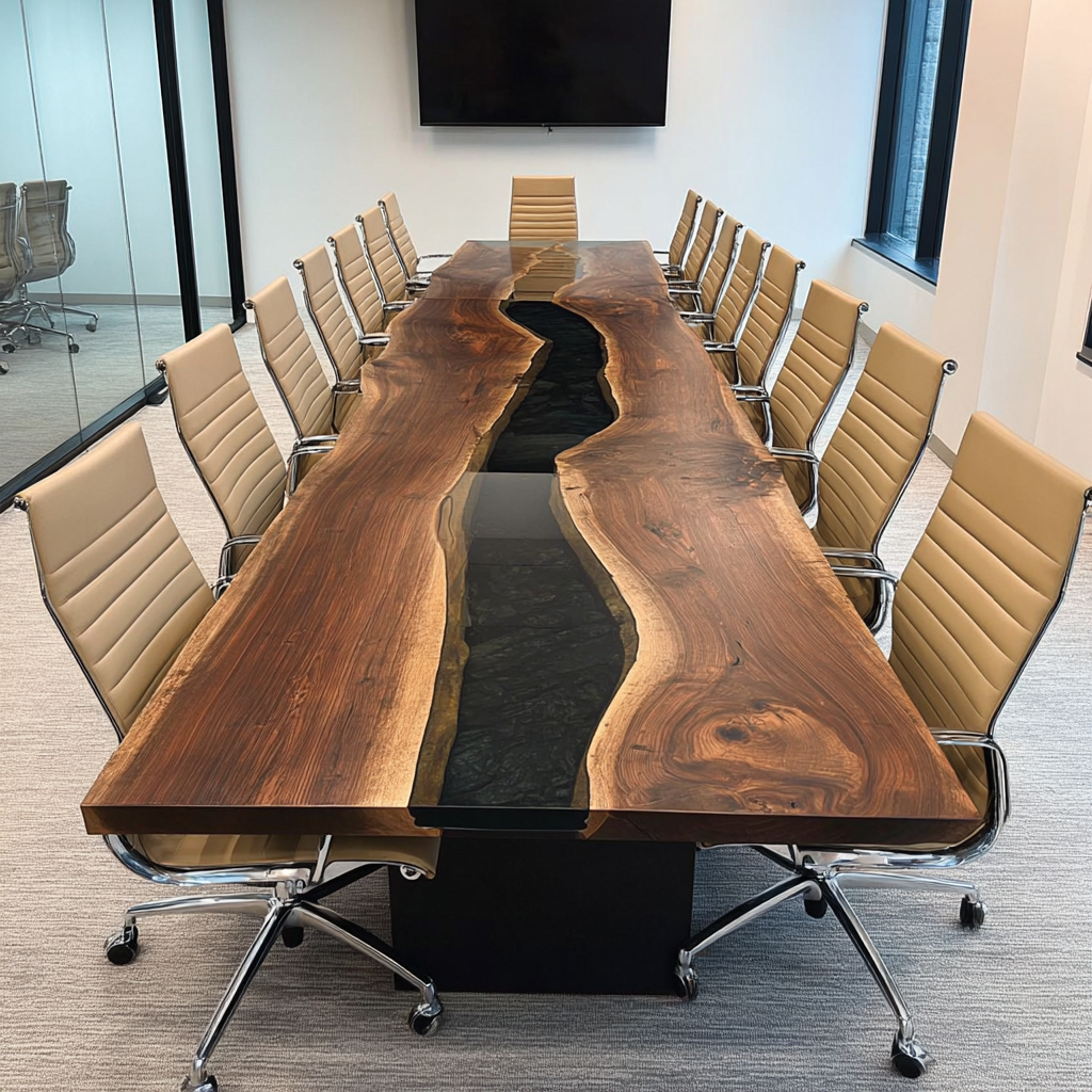 Custom Walnut Live Edge Black Conference River Resin Epoxy Table