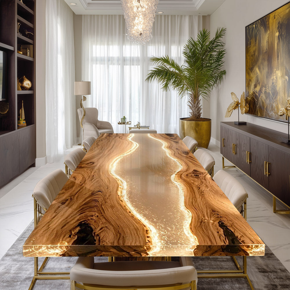 Custom Walnut & Pure White Resin Epoxy Table - Atmospheric Evening Dinner Centerpiece in NYC