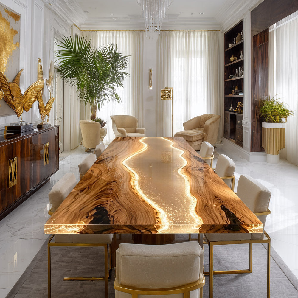 Custom Walnut Resin Epoxy Table - Atmospheric Evening Dinner Centerpiece in NYC 