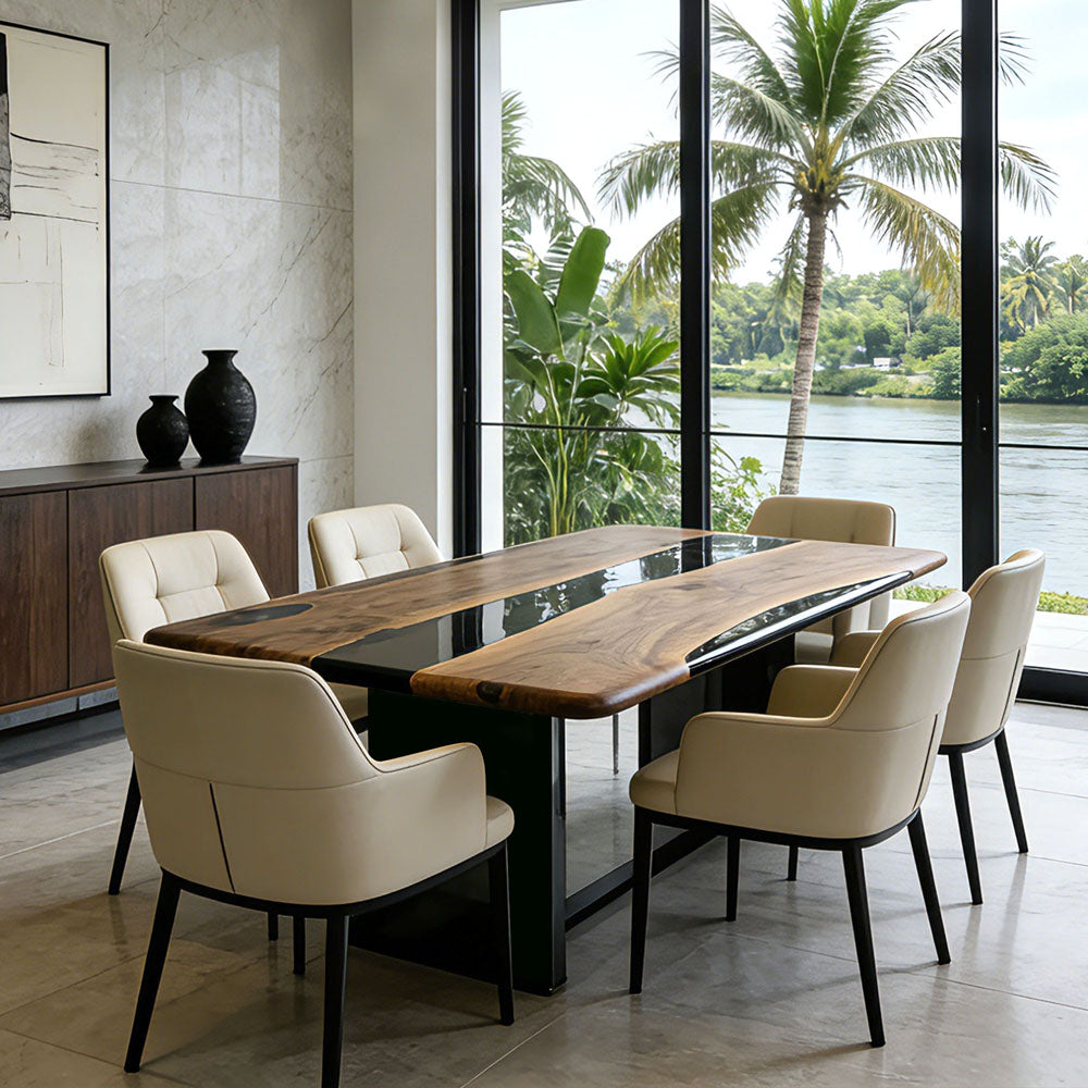 Sleek Walnut Black River Epoxy Resin Table KCT41 for Modern Dining