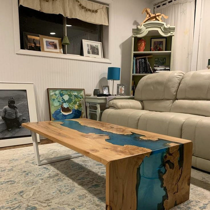 Custom Walnut Transparent River Waterfall Epoxy Table