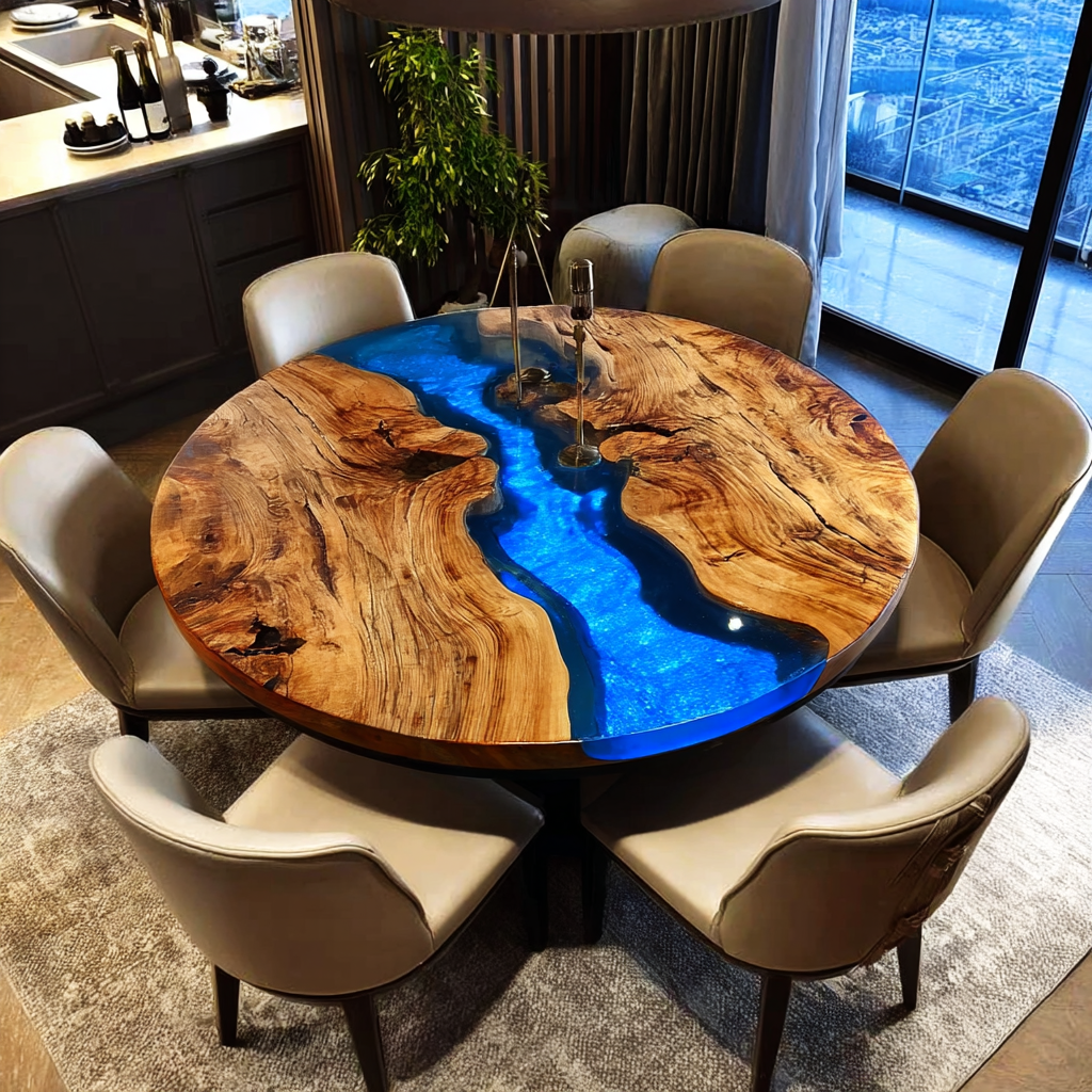 Custom Walnut Round Blue River Resin Epoxy Table in Los Angeles