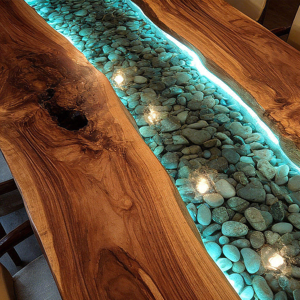 Solid Walnut River Stone Epoxy Table for High-End Decor KCT64