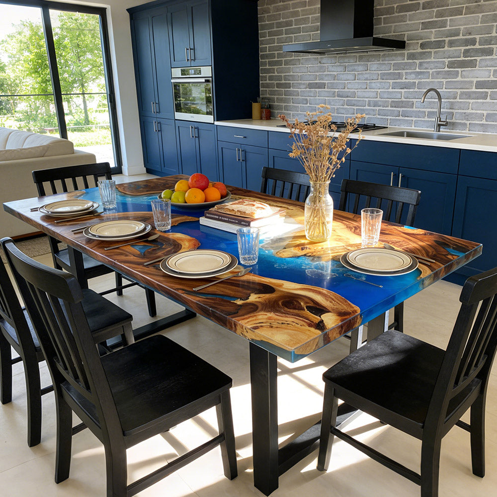 Custom Walnut Wood Dining Wave Epoxy Table in California