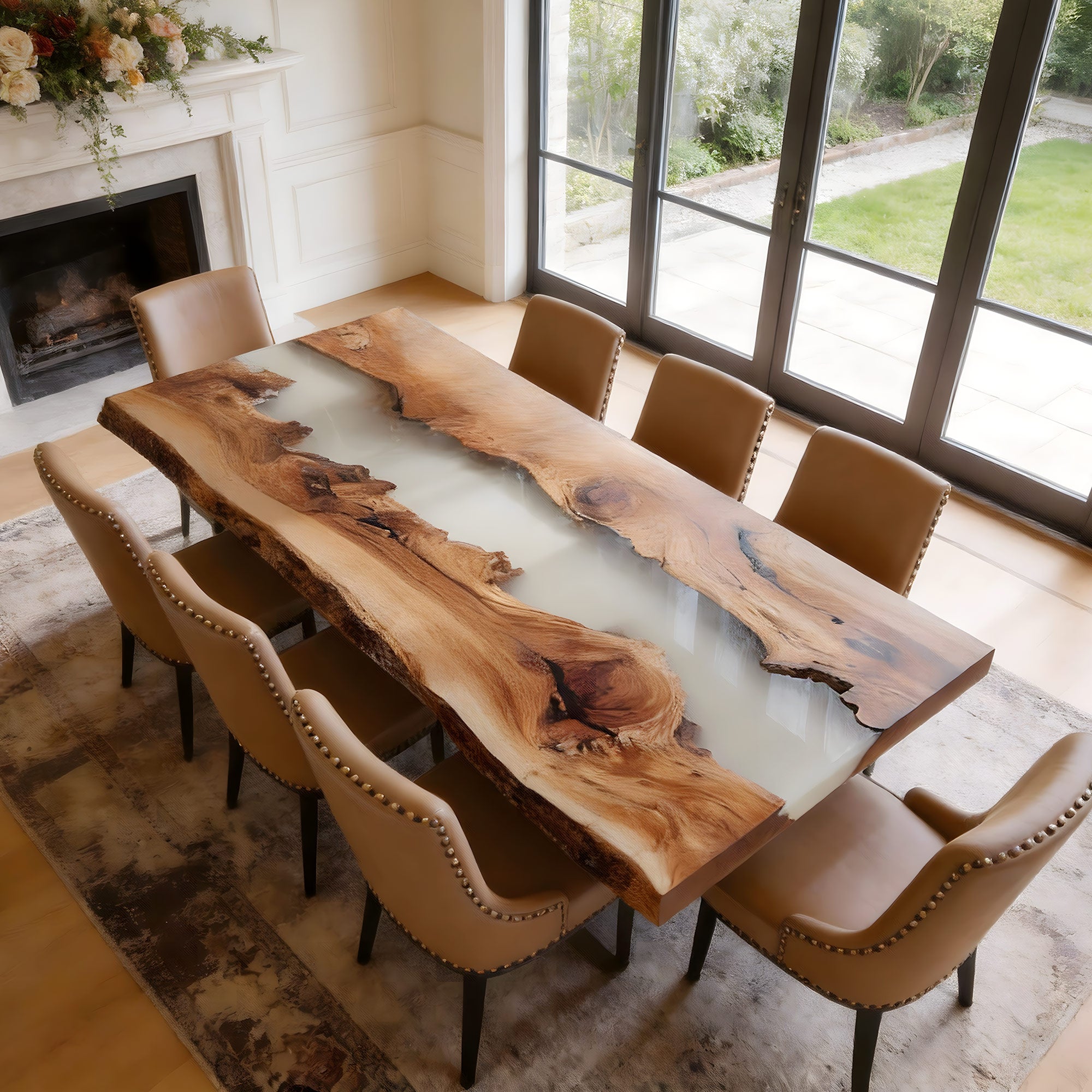Custom Walnut Live Edge White River Epoxy Resin Table in Los Angeles