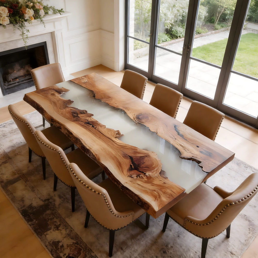Custom Walnut Live Edge White River Epoxy Resin Table in Los Angeles