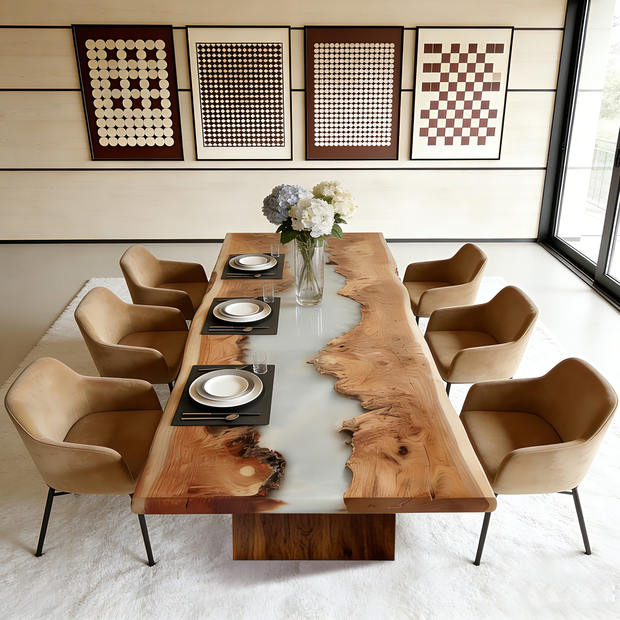 Custom Walnut Wood Live Edge White River Epoxy Resin Table in Los Angeles