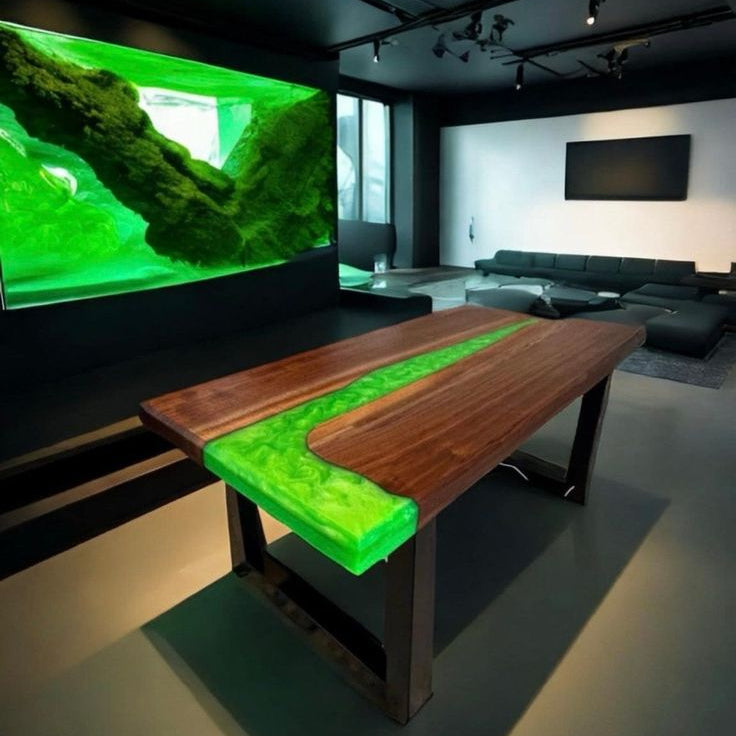 Custom Walnut Wood River Dining Epoxy Table With Lighted 
