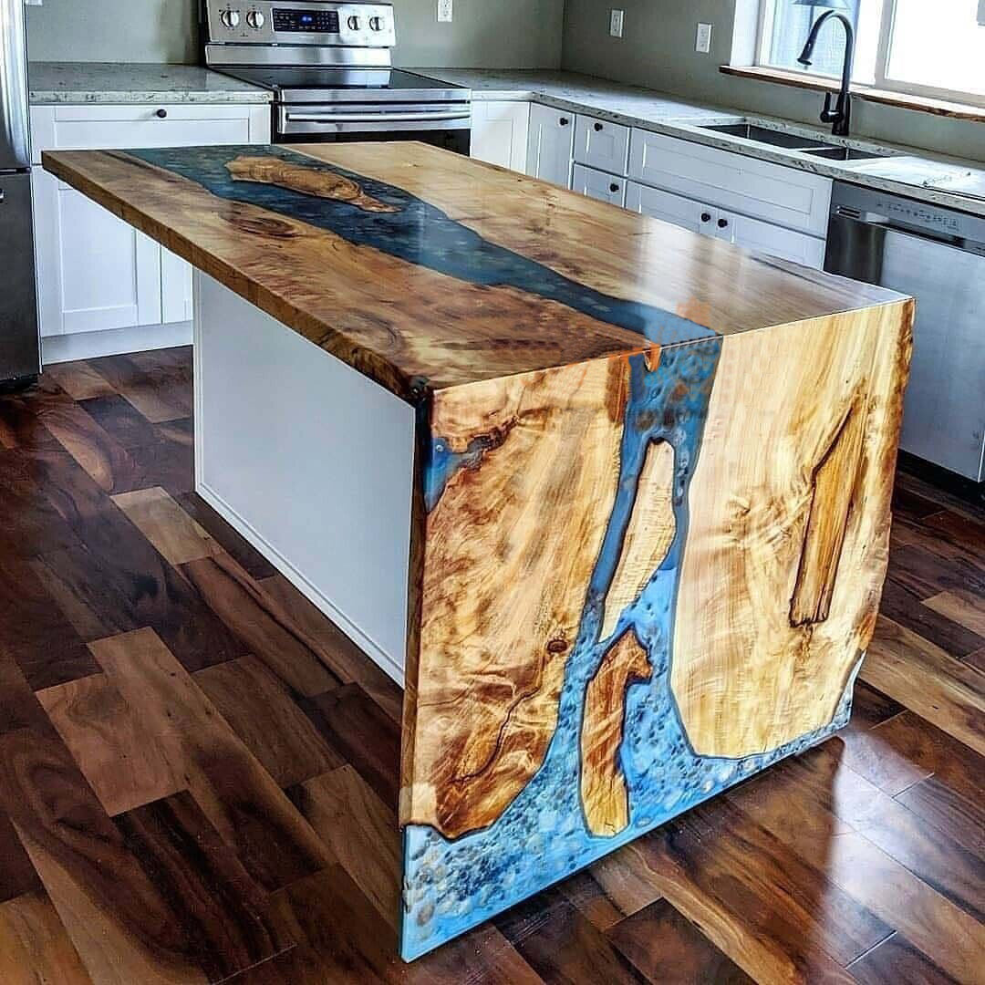 Custom Wood Blue Resin River Waterfall Epoxy Table 