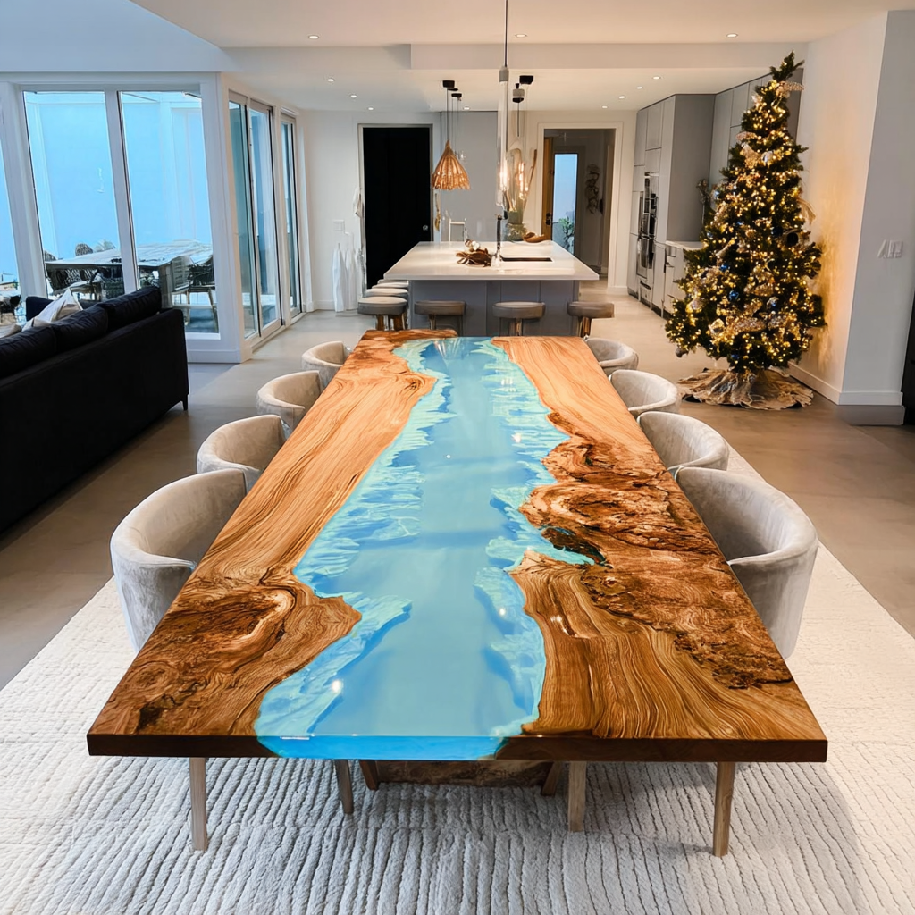 Custom Wood Ice Light Blue Dining Resin Epoxy Table