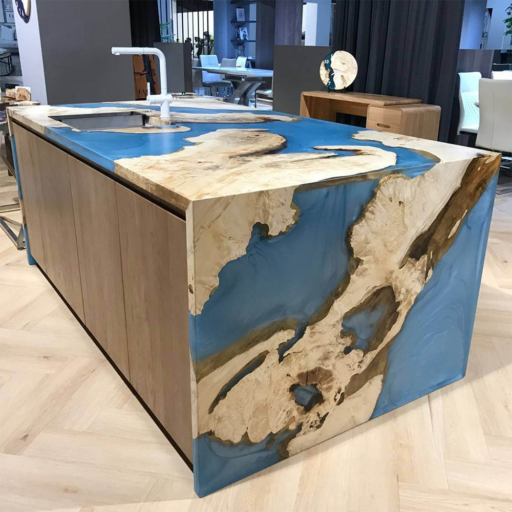 Custom Wood Misty blue Resin Waterfall Epoxy Table Kitchen Countertop