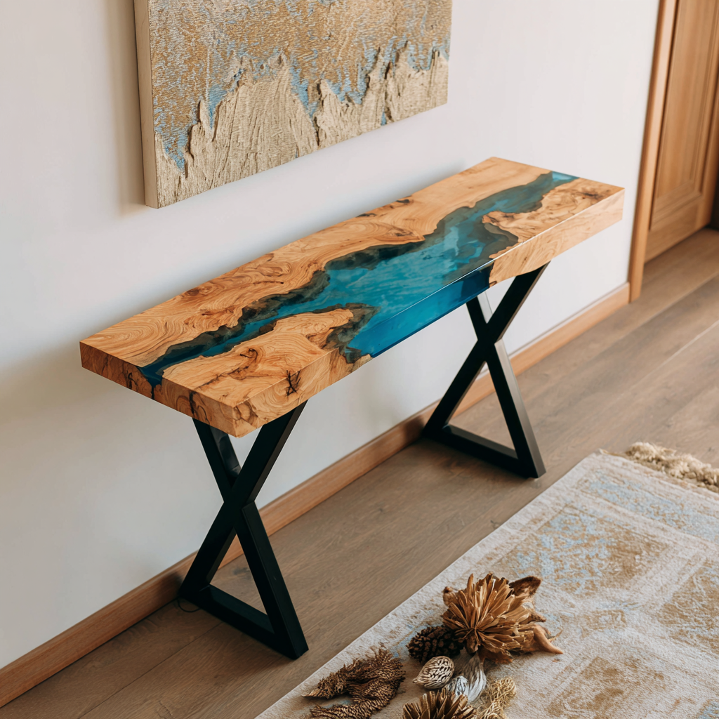 Custom Wood & Ocean Blue Epoxy Console/Bar Table