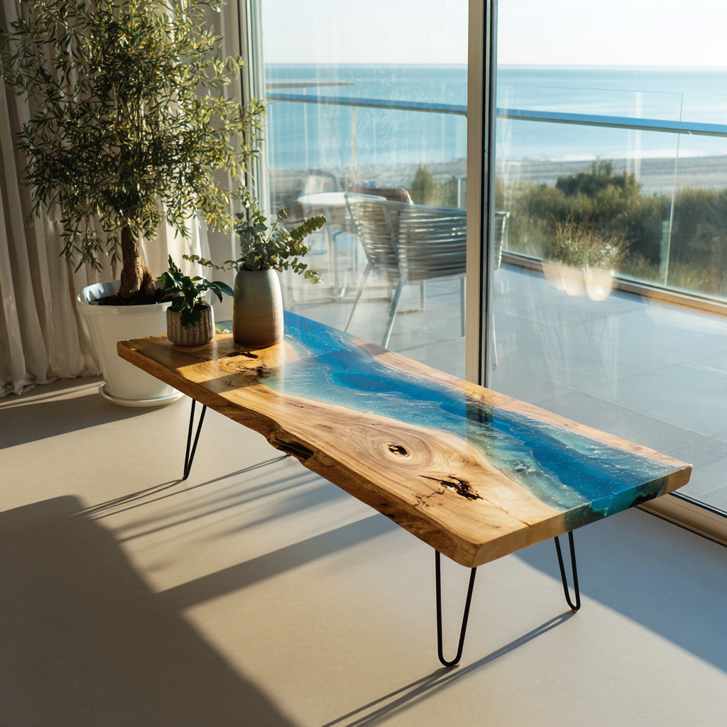 Custom Ocean Blue Epoxy Console Bar Table 