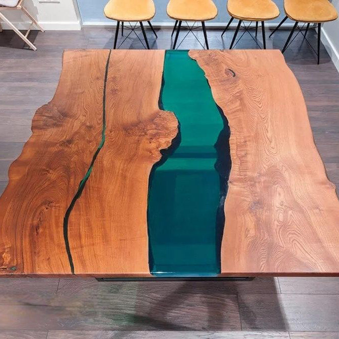Custom Wood Square Green Transparent River Resin Epoxy Table  