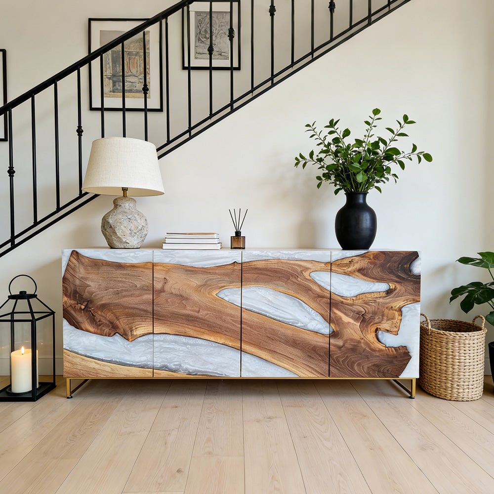 Elegant Farmhouse Walnut Milk White Epoxy Credenza – Storage for American Living Rooms in San Francisco