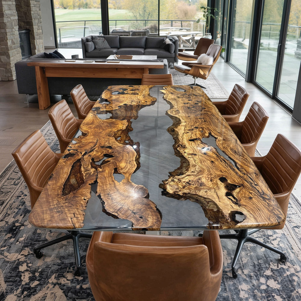 Elegant Gold Camphor Gray River Epoxy Table - High-End Centerpiece for Luxury Home Staging in New York 
