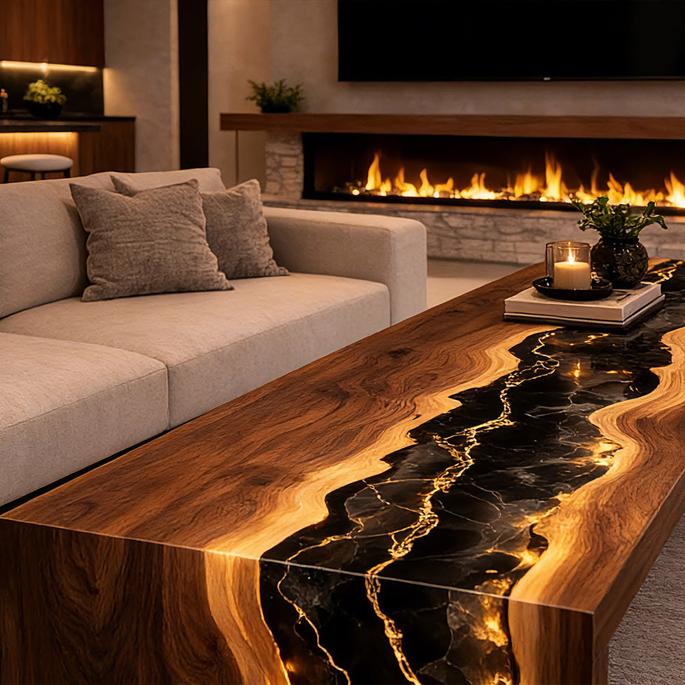 Waterfall Black Walnut Epoxy Table for High-End Residential in New York