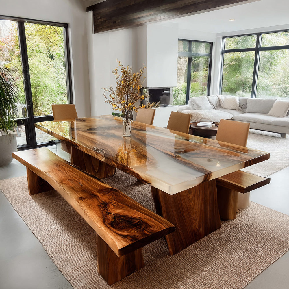Ethereal Black Walnut Epoxy Table Set with Milky White Opalescent Resin River - Dreamy Decor & Contemporary Homes in Aspen 