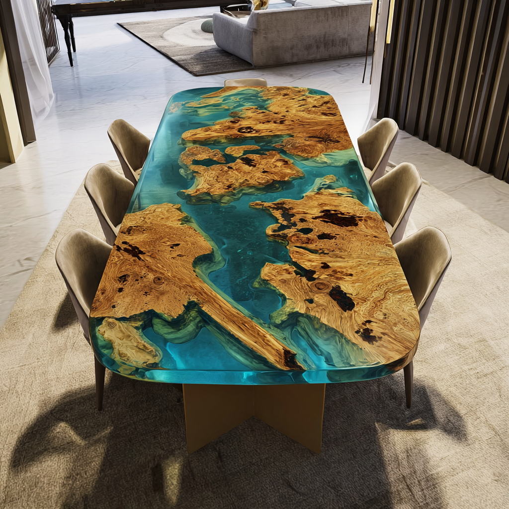Resin Olive Wood Oval Epoxy Table - for Luxury Interior Design & Modern Homes in California