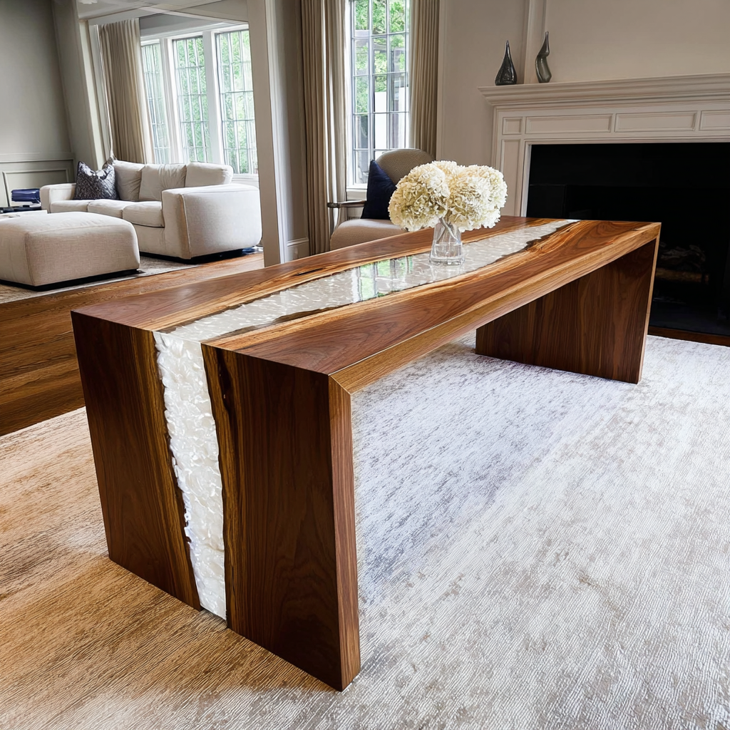 Walnut Pearl-White Epoxy Table in Hamptons