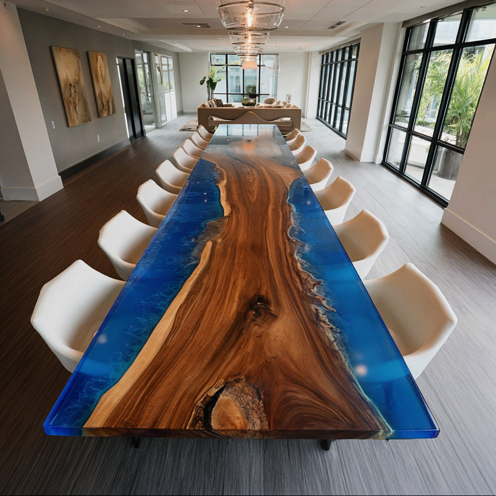 Extra Large Prestigious Walnut Coastal Blue Wave Boardroom Table – Meeting Surface for Tech & Design Firms in Brooklyn 