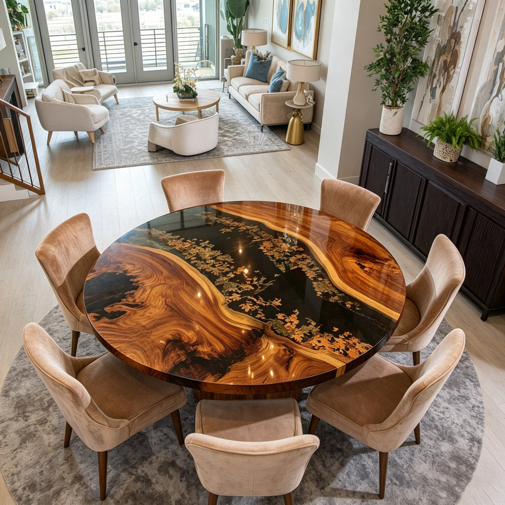 Glam Modern Black Walnut Round Epoxy Table Featuring Metallic Gold Flake Embellished Black Resin in San Diego 