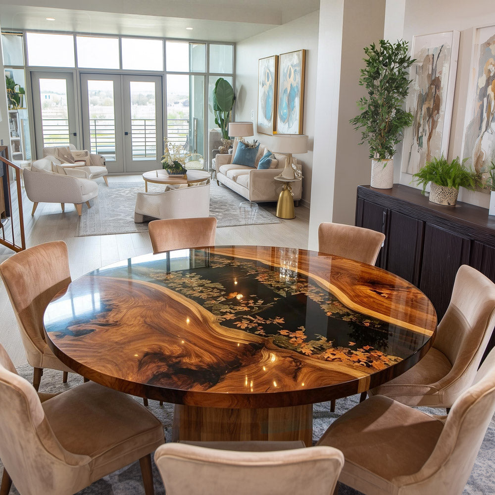 Black Walnut Round Epoxy Table Featuring Metallic Gold Flake Embellished Black Resin in San Diego 