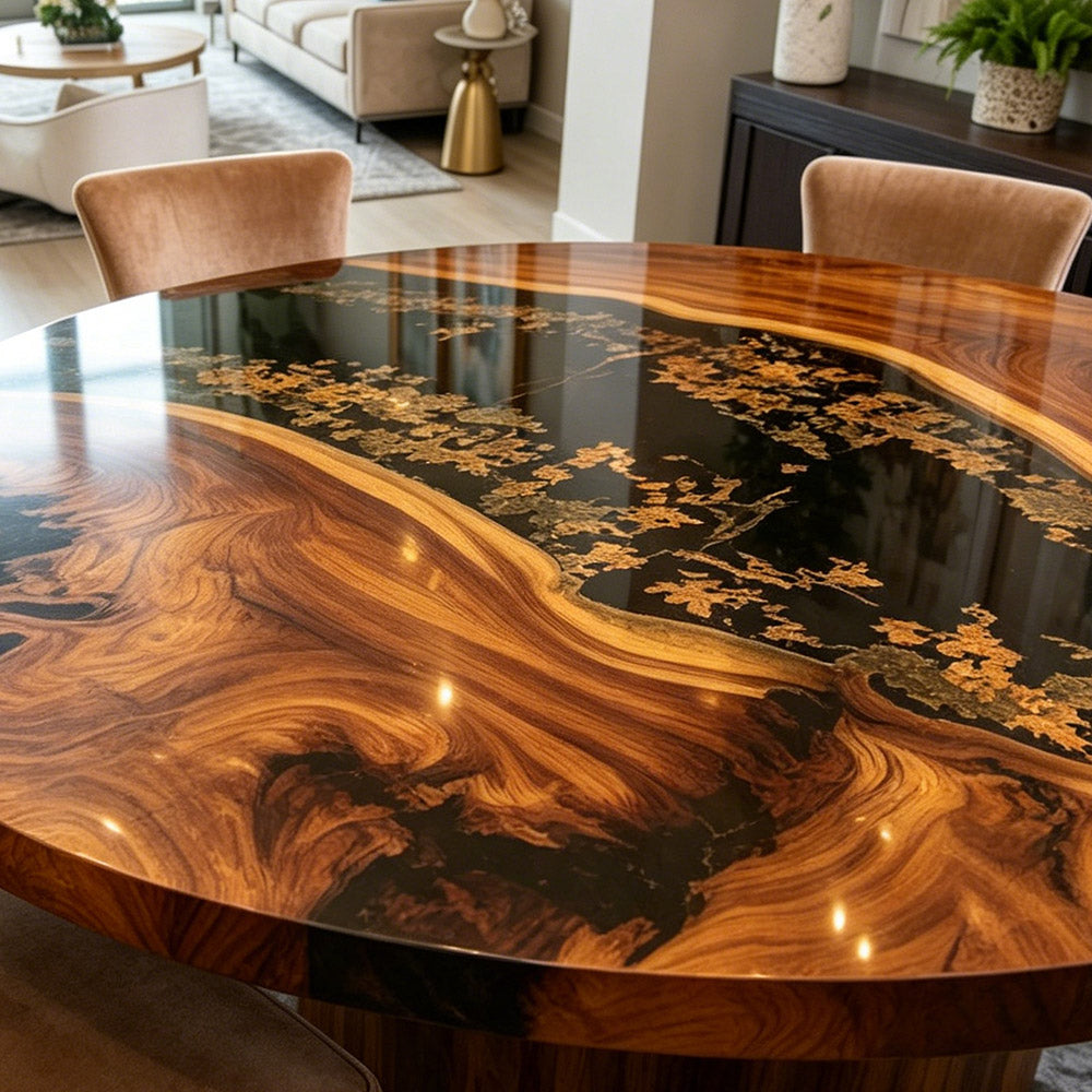 Glam Modern Black Walnut Round Epoxy Table Gold Flake Embellished Black Resin RT33 in San Diego 