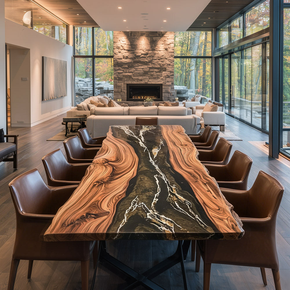 Epoxy Dining Table With Gold-Streaked Black & White Resin Flow for Contemporary American Living KCT94