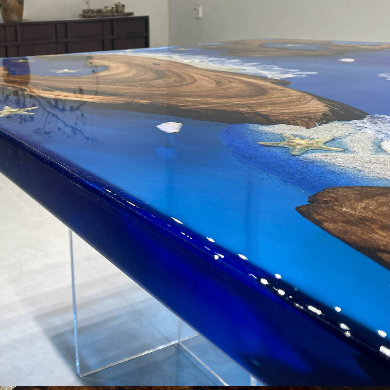 KAZANAHOME Blue Clear Wave Coastal Epoxy Table 48"W×96"L