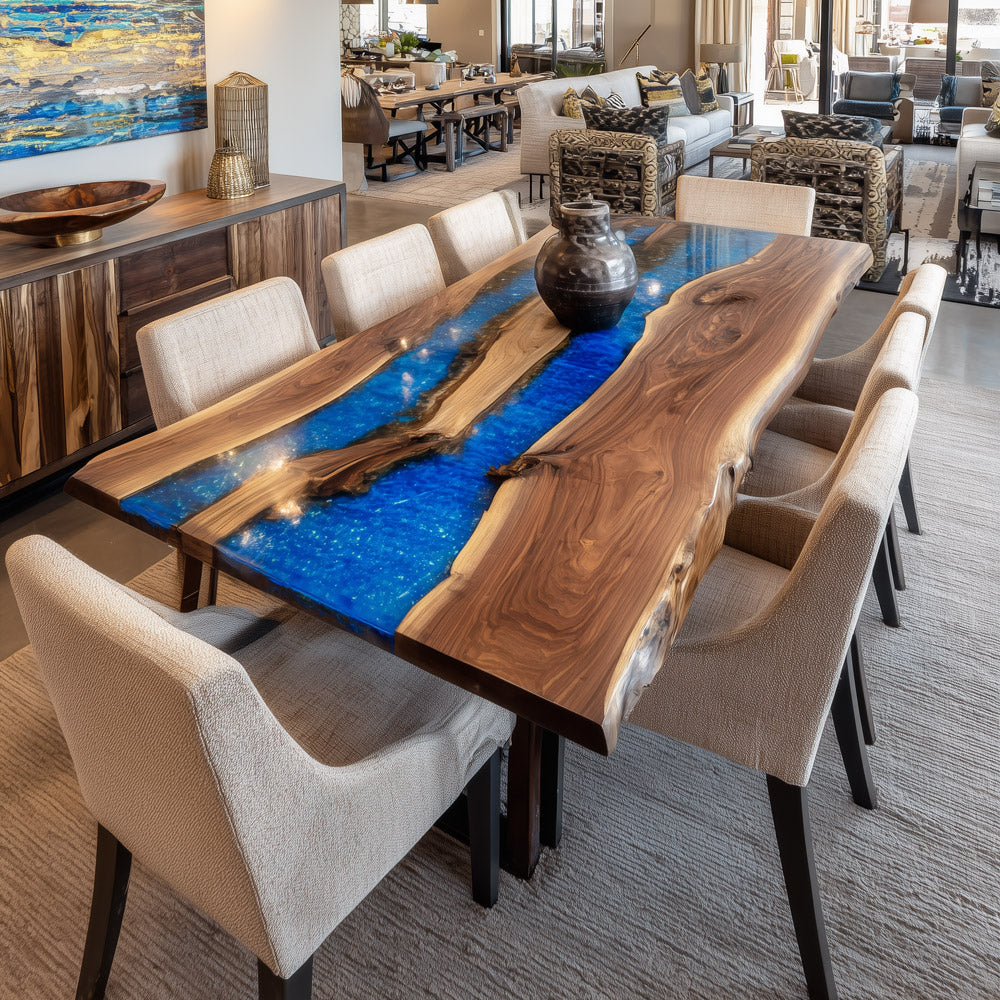 Walnut Dining Epoxy Table with Vibrant Blue Resin River in Los Angeles