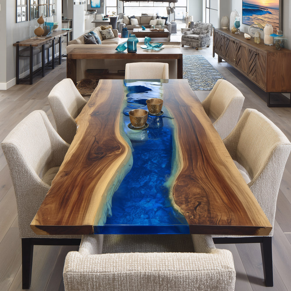 Walnut Dining Table with Vibrant Blue Resin River for Modern Homes KCT111 in Los Angeles