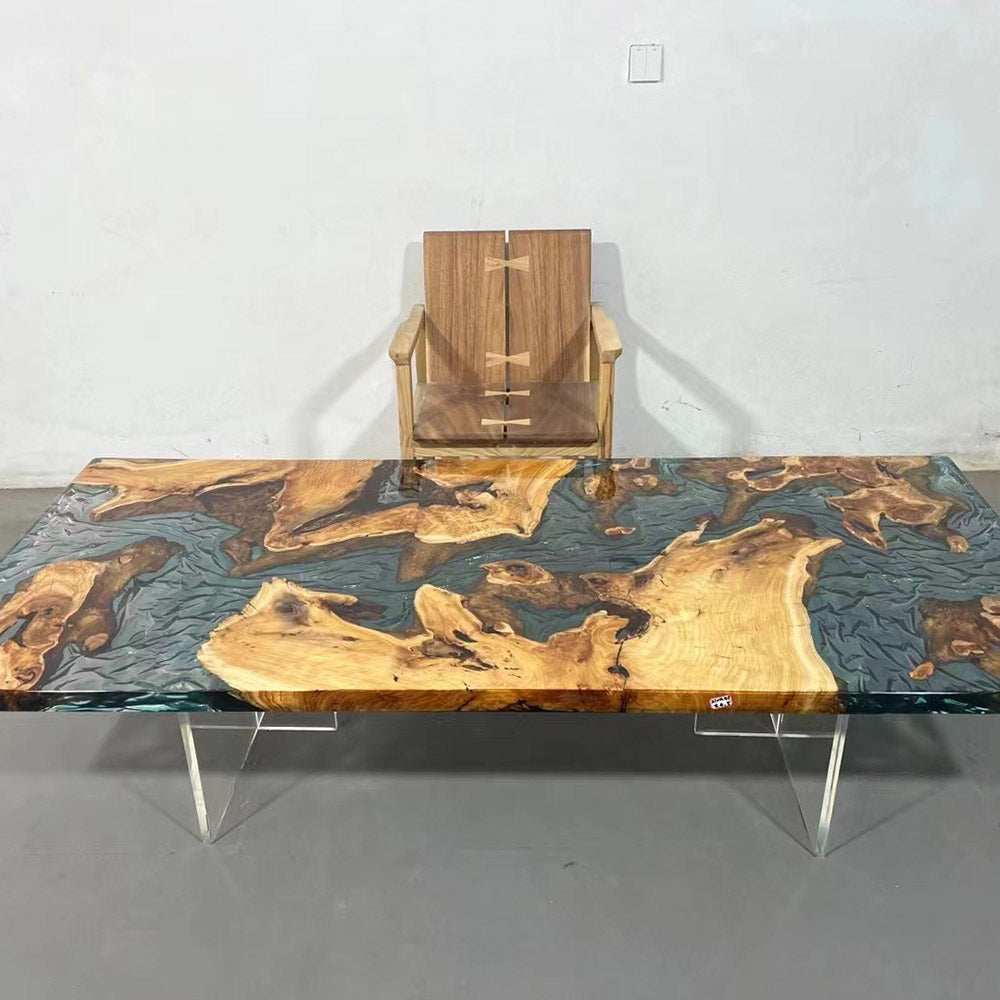 Cunninghamia Wood Blue Epoxy Resin Dining Table - Kazanahome