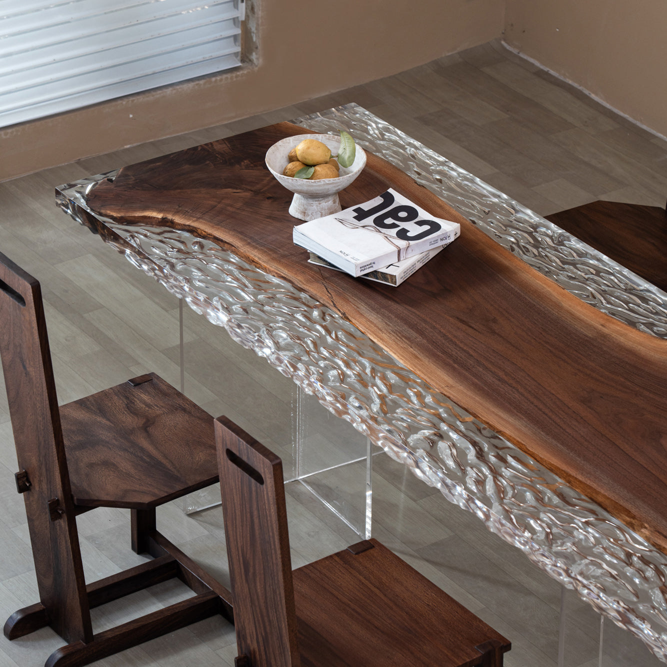 KAZANA Handmade Ice Cracks Black Walnut Epoxy Resin Table 31.5"W 82.3"L