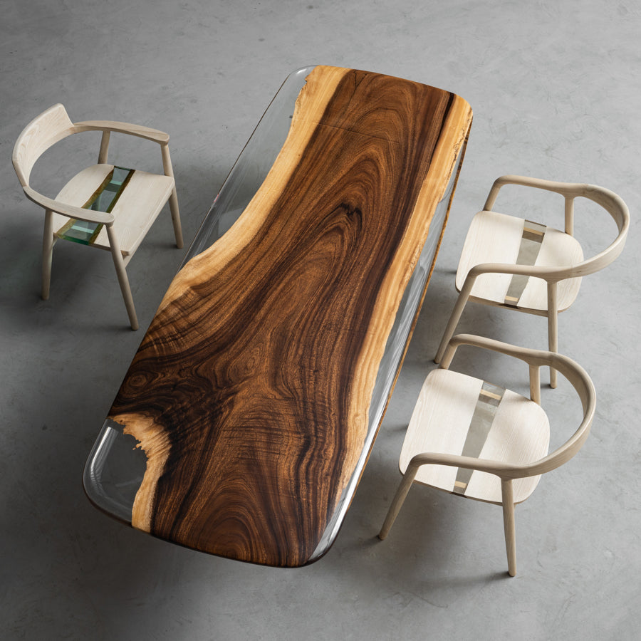 KAZANAHOME Walnut Wood Clear Epoxy Table With Rounded Corners
