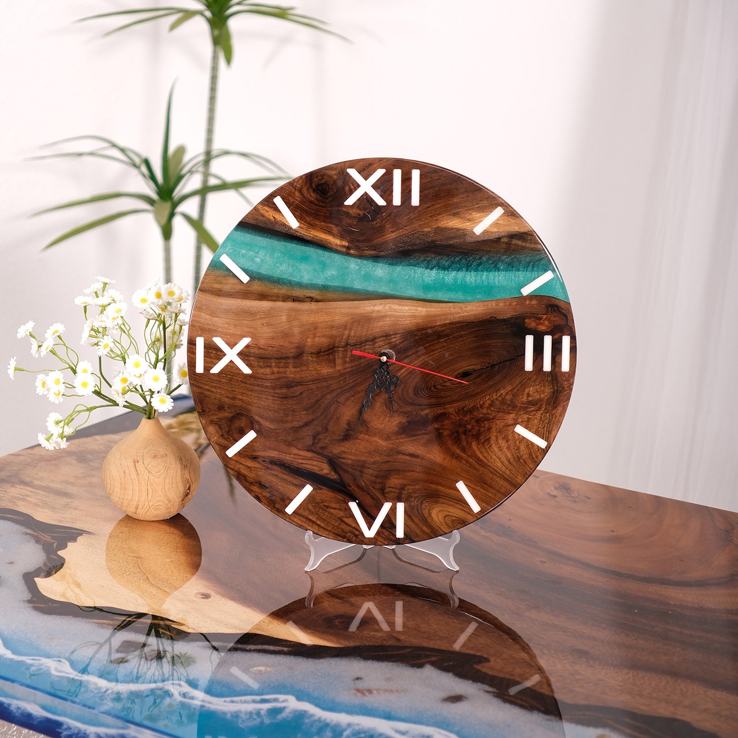 KAZANAHOME-Black-Walnut-Green-Epoxy-Resin-Wall-Clock-1